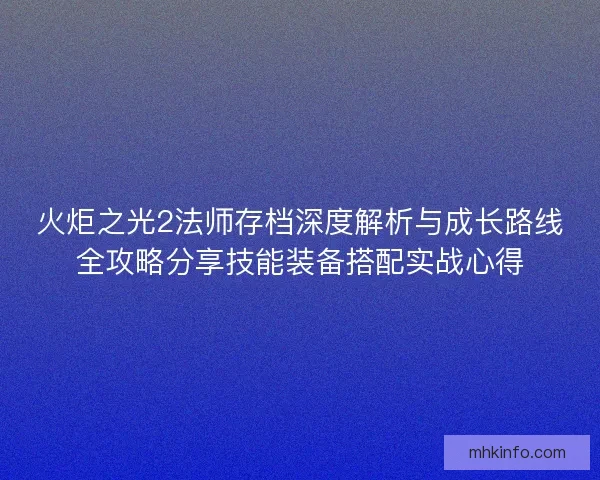 火炬之光2法师存档深度解析与成长路线全攻略分享技能装备搭配实战心得